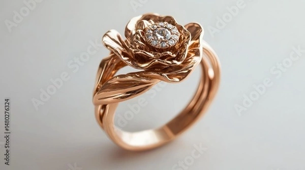 Fototapeta Detailed view of a rose-shaped gold ring with diamond accents.