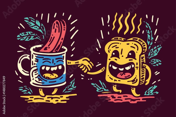 Fototapeta Fun Cartoon Characters of Coffee and Toast Shaking Hands with Joy