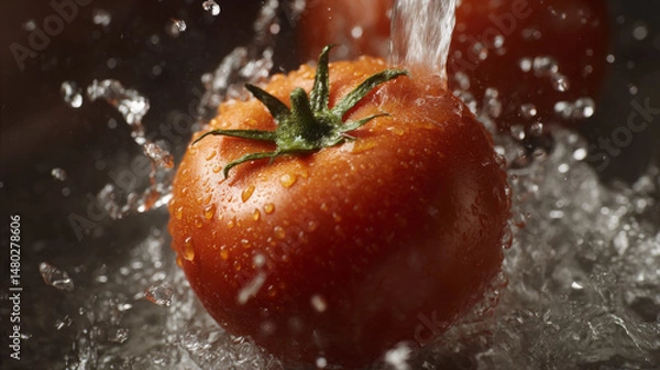 Fototapeta Extreme close up shot of a tomato being washed under a sink, the water is running over top of it, product photography, commercial.