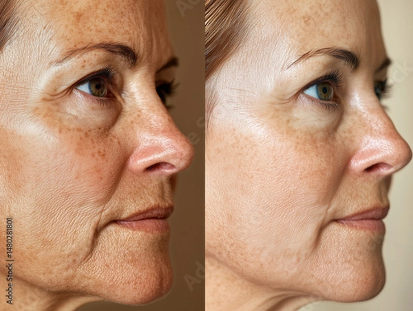 Fototapeta A close-up side-by-side comparison of a mature woman's face before and after a skin rejuvenation or anti-aging treatment. The image highlights improved skin texture, reduced wrinkles, and enhanced rad