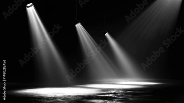 Fototapeta Bright spotlights illuminate dark stage, creating dramatic shadows and moody atmosphere. beams of light enhance sense of