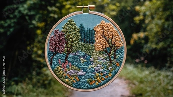 Fototapeta Handcrafted embroidered forest scene on a hoop.