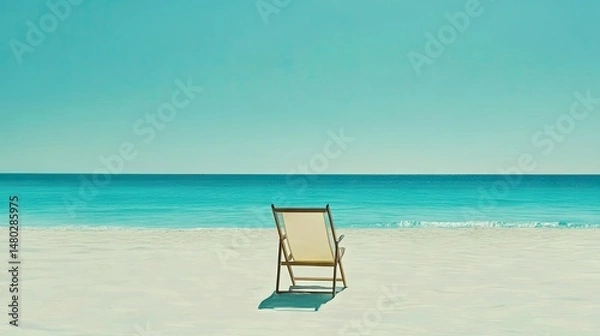 Fototapeta Empty beach chair facing the turquoise ocean.