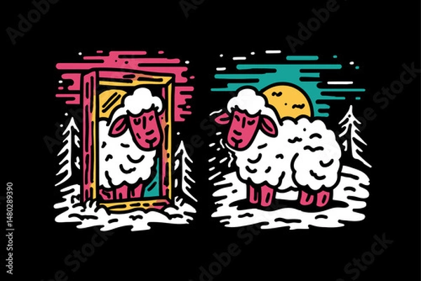 Obraz Whimsical Illustration of Sheep with a Mirror Reflection Concept