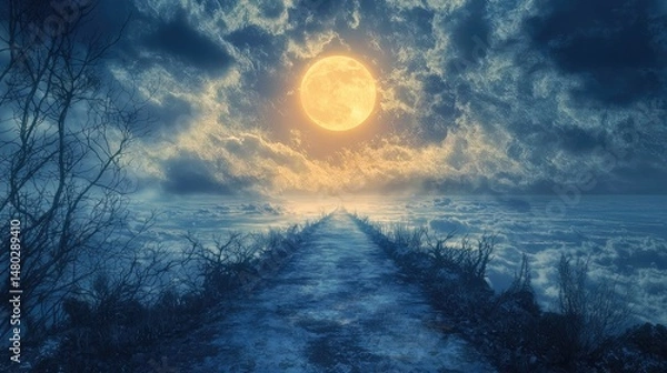 Fototapeta Mystical moonlit path through cloudy skies.