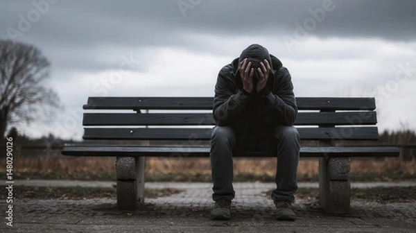 Obraz A person in despair sitting on a park bench under a cloudy sky.