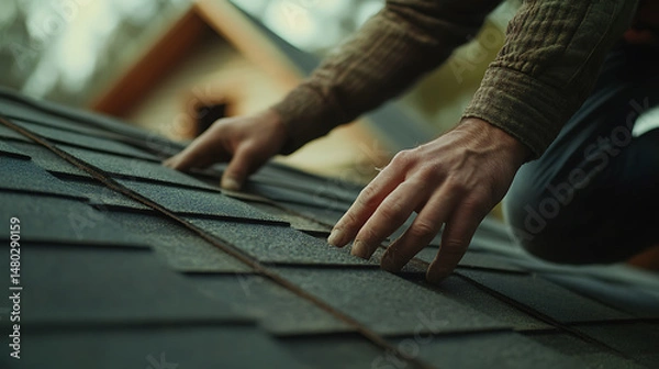 Obraz Hands Installing Roof Shingles on a House