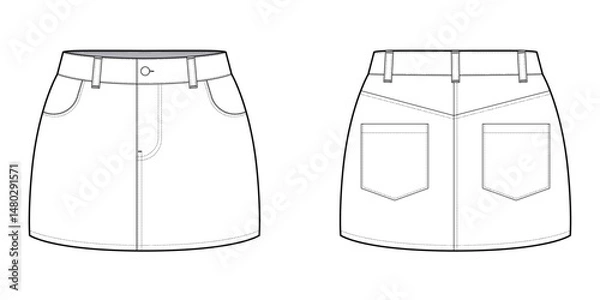 Fototapeta Denim Skirt Mini Skirt- Front and Back View - Flat Vector Illustration- CAD Mock-up 