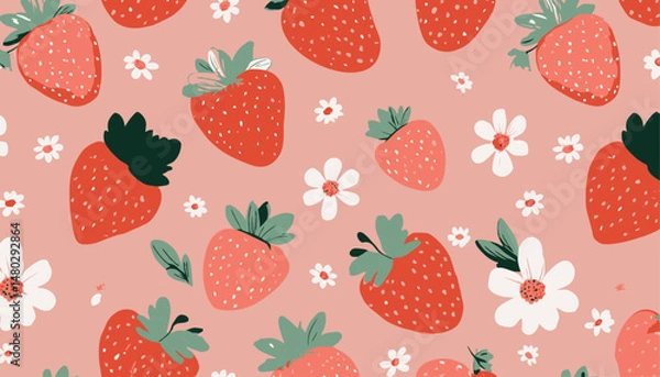 Fototapeta Hand-Drawn Strawberry and Flowers Seamless Pattern � Cute Summer Fabric Design for Kids and Textile Print