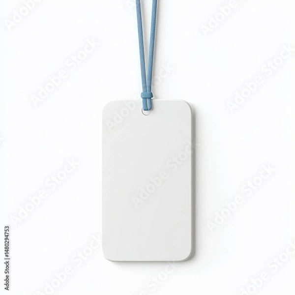 Obraz White, rectangular blank tag hanging by a blue cord, on a white backdrop