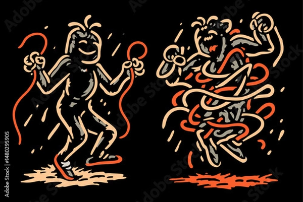 Fototapeta Playful Characters Jumping with Ropes in Unique Illustration Design