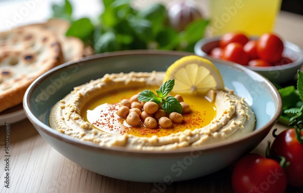 Fototapeta Delicious hummus with chickpeas and spices in a bowl with lemon