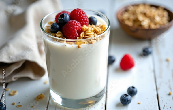 Obraz Fresh kefir with berries and muesli in a glass cup