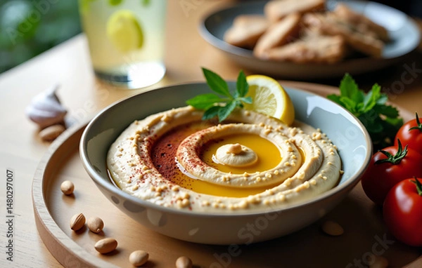 Fototapeta Delicious hummus with chickpeas and spices in a bowl with lemon