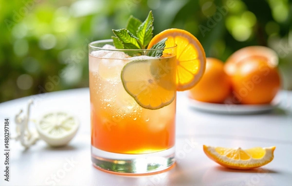 Fototapeta Refreshing drink with orange juice and lime in a glass