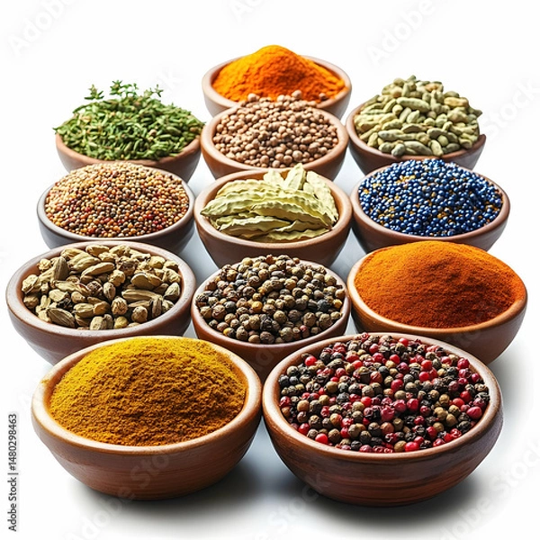 Obraz Assortment of spices and herbs in wooden bowls against white background