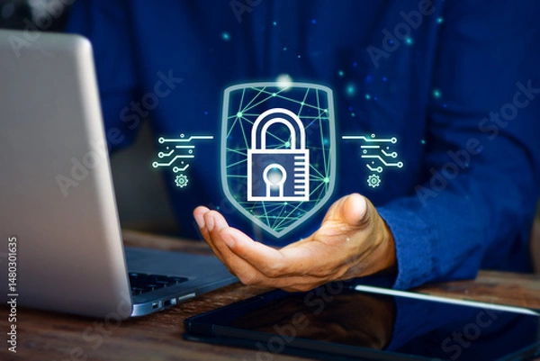 Fototapeta Cyber security network. Businessman holding Padlock shield icon and internet technology networking and protecting data personal information. privacy security. Data protection privacy concept.