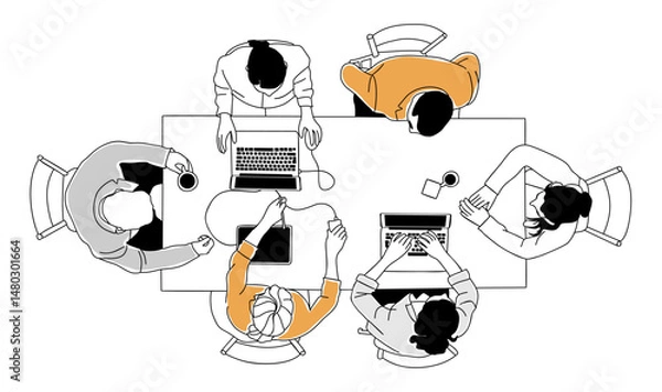 Fototapeta Creative business team working together around table with laptops, tablets, coffee. Sketch style vector illustration, top view of brainstorming, teamwork, meeting, and collaboration scene