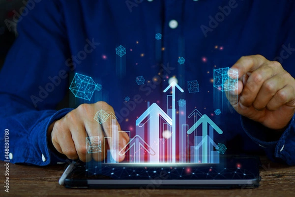 Fototapeta Businessman using tablet and laptop to review business data analysis report and performance indicator dashboard. Strategic planning, Economic growth insights guide market research and decision making