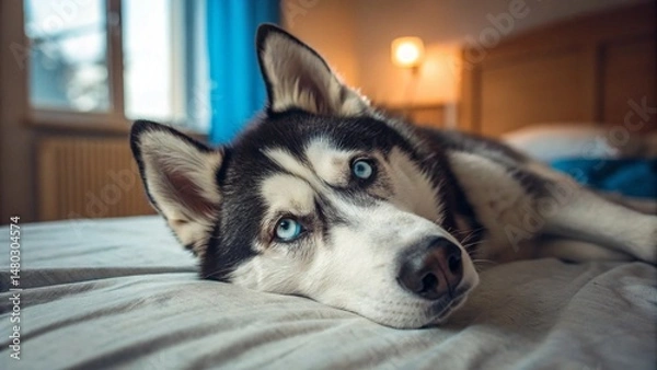 Fototapeta husky dog, close-up portrait, lying on bed, cozy indoor setting, warm lighting, soft focus, detailed fur, expressive eyes, natural composition, dog, husky, animal, pet, siberian, portrait, white, cani