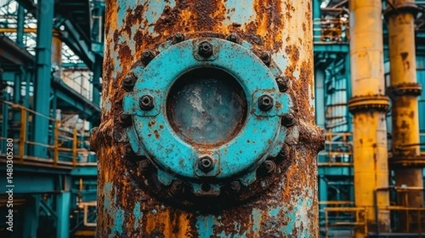 Fototapeta Rusted metal structure with a circular glass window