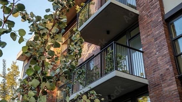 Fototapeta Modern apartment building exterior with balconies and greenery.