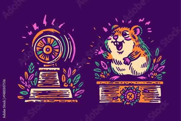 Fototapeta Colorful Illustration of Happy Hamster and Spinning Wheel Design