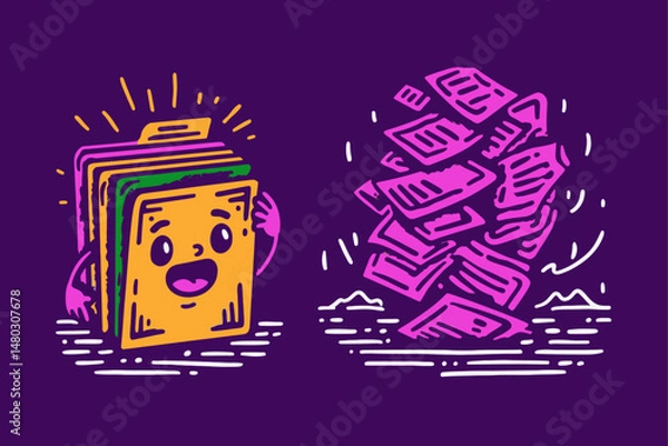 Fototapeta Colorful Illustration of a Cheerful Folder and a Pile of Documents