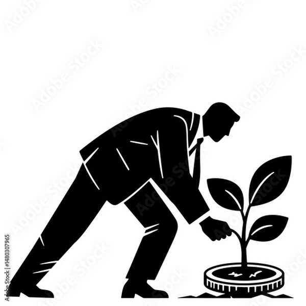 Fototapeta A businessman carefully plants a small sprout in a coin, symbolizing investment growth. The image is a stylized black and white vector illustration, conveying a strong and serious mood.