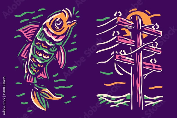 Fototapeta Colorful Fish and Powerline Illustration for Artistic Designs