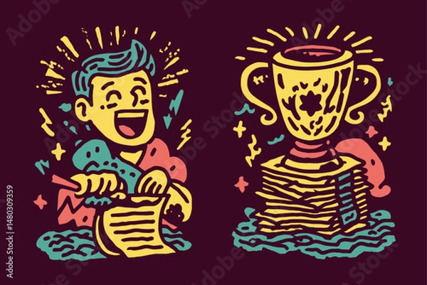 Fototapeta Creative Illustration of Happy Character with Trophy and Papers