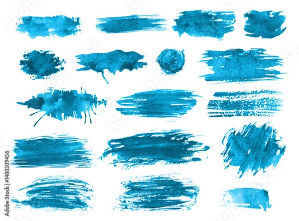 Obraz set of abstract watercolor blue brushstrokes, blots, lines, splatters, and smudges, graphic design elements 