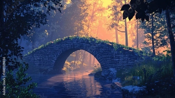 Fototapeta A stone arch bridge over a tranquil river in a sunlit forest.