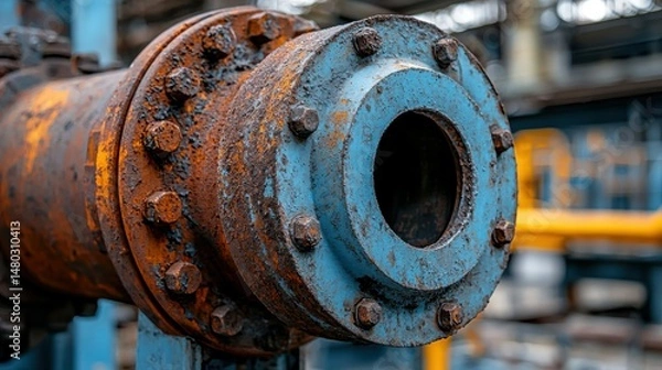 Fototapeta Rusty blue pipe with connecting bolts and weathered surface