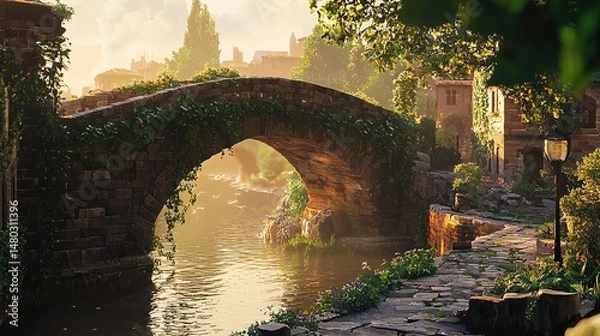 Fototapeta Sunlit stone bridge over a tranquil waterway in a quaint town.