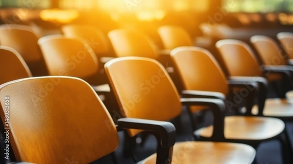 Fototapeta Empty Chairs in Modern Conference Room with Soft Warm Light