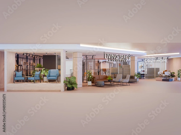 Fototapeta Sofas and chairs in living space. 3d rendering of furniture store.