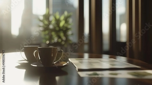 Obraz Cozy Morning Setup with Coffee Cups and Natural Light in Office