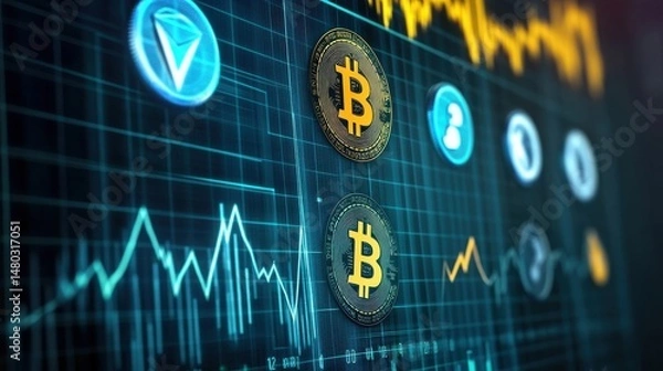 Obraz Cryptocurrency Market Trends with Bitcoin and Altcoin Icons