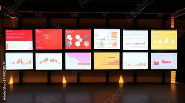 Obraz Data Visualization Wall with Colorful Charts and Graphs Display