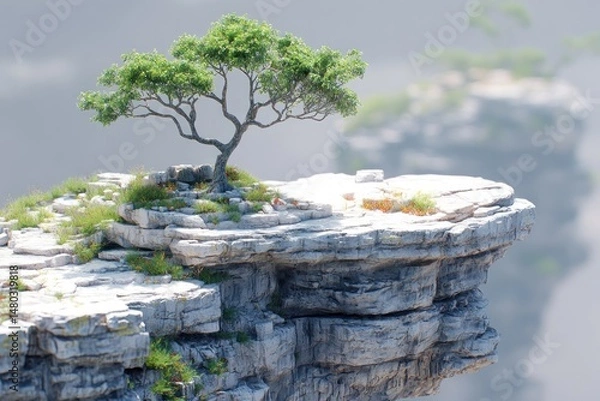 Fototapeta Floating rock outcrop with a lone tree