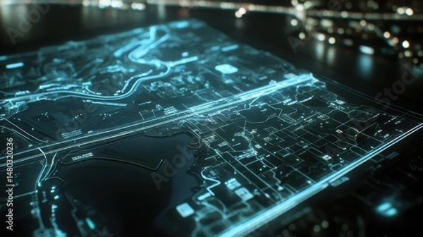 Fototapeta Futuristic Digital Map with Glowing Lines and Cityscape Background