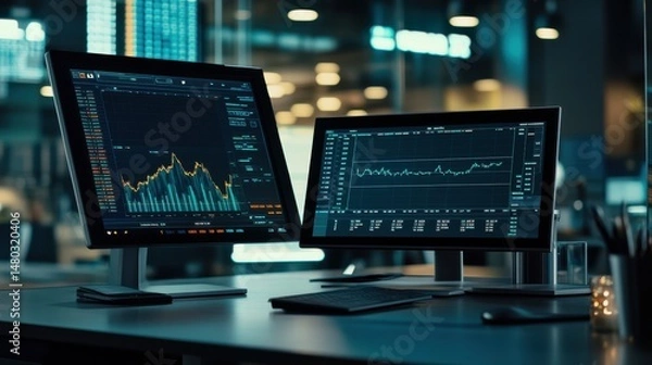 Obraz Dual Computer Monitors Displaying Financial Market Data and Charts