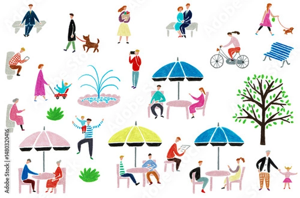 Obraz 手描きイラストセット　公園に集まる人々