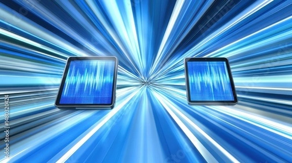 Fototapeta Futuristic Digital Sound Waves with Tablets in Bright Blue Background