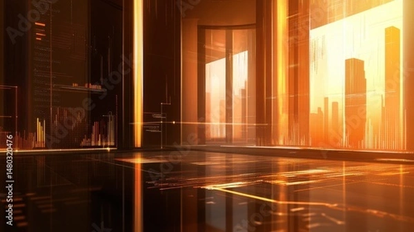 Fototapeta Futuristic Digital Workspace with Glowing Graphics and City View