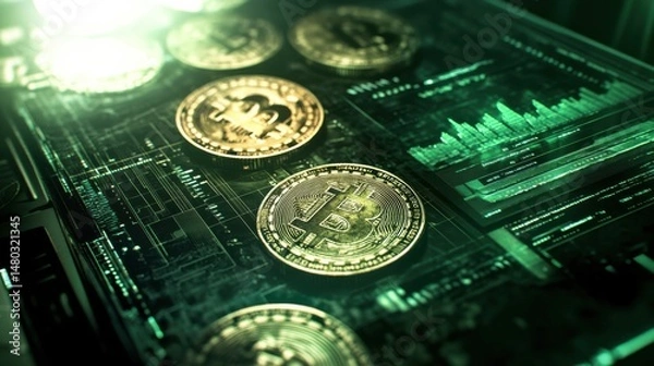 Fototapeta Golden Bitcoin Coins on Digital Interface with Graphs and Data