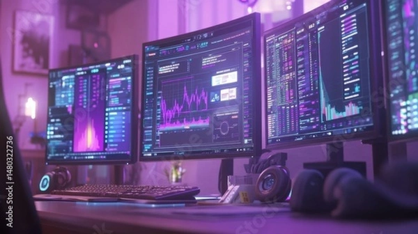 Fototapeta High-Tech Dual Monitor Setup in Colorful Gaming Room Interior