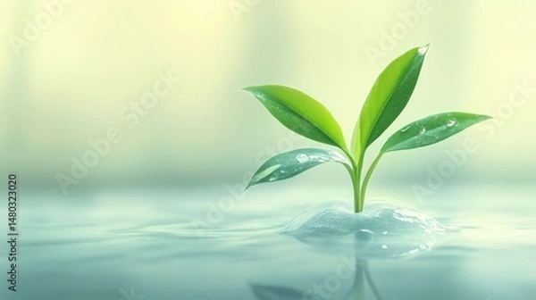 Obraz Fresh Green Plant Sprouting from Water Surface in Soft Light
