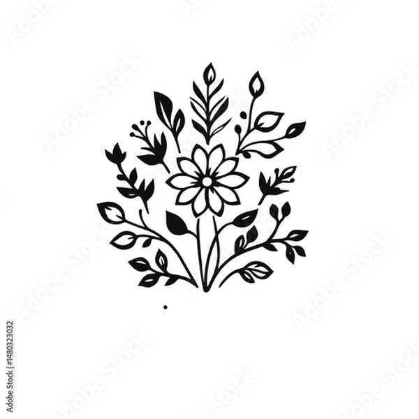Fototapeta Intricate Floral Bloom Illustration, Elegant Black and White Botanical Design, Decorative Ornamental Art with Symmetrical Petals and Leaves
